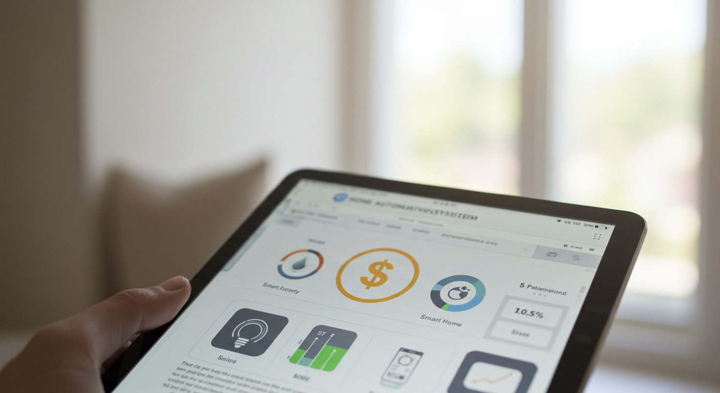 Una persona sostiene una tableta que muestra una interfaz de control de automatización del hogar. La pantalla presenta diversos iconos y gráficos relacionados con el control de la iluminación (bombilla), seguridad, ahorro energético (signo de dólar dentro de un círculo naranja) y el estado general del hogar inteligente. Los iconos tienen un diseño moderno y minimalista. Se alcanzan a ver algunos textos en la interfaz, indicando diferentes secciones y valores, como un gráfico circular etiquetado como "Smart Home" mostrando porcentajes, y otro indicador con la etiqueta "Smart energy"