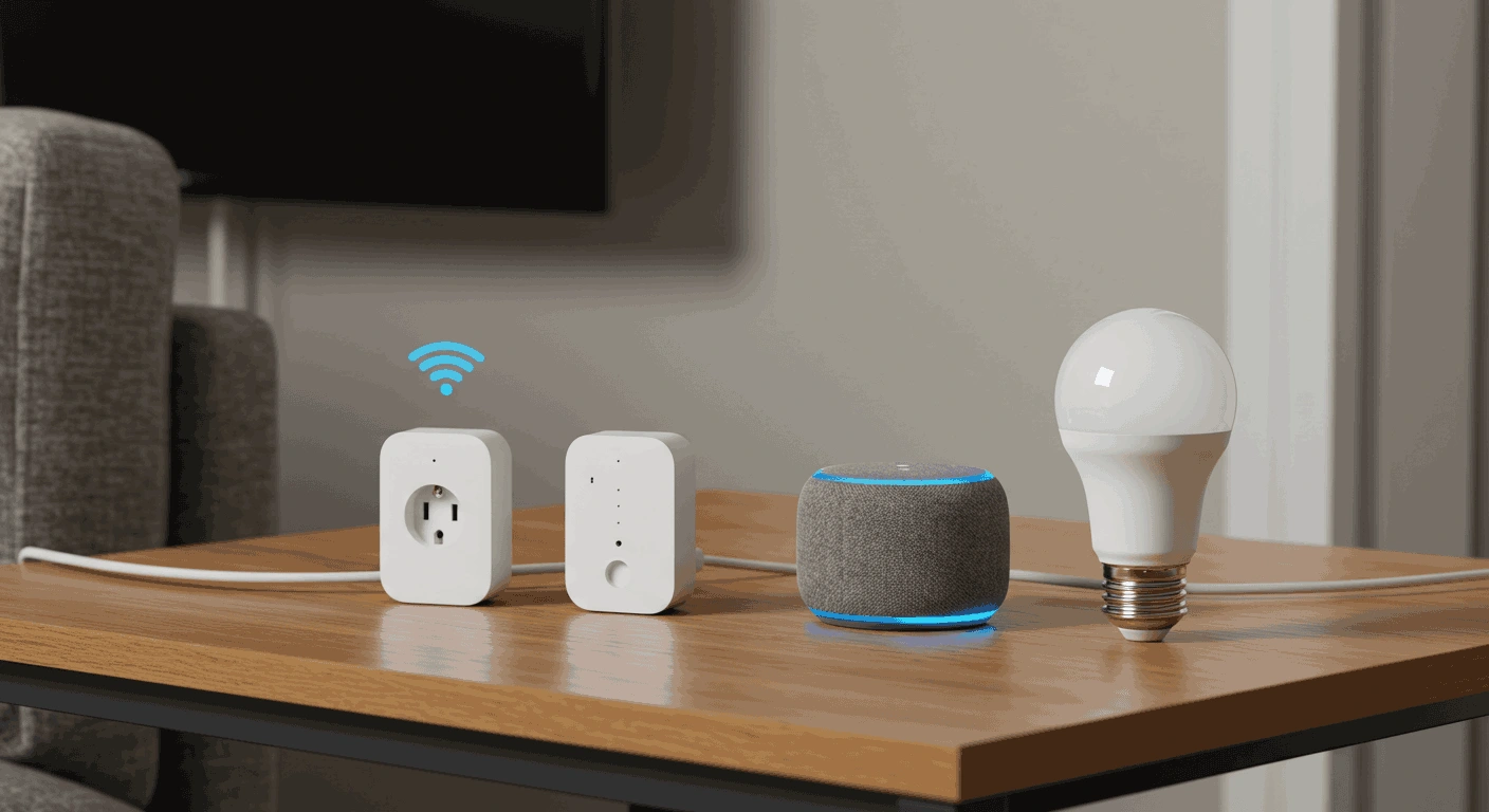 Kit de inicio para un hogar inteligente con un enchufe, un altavoz asistente de voz y una bombilla LED, conectados por wifi.