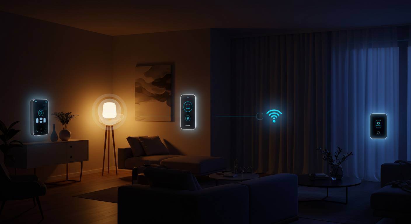 Concepto de hogar inteligente o 'smart home' con varios dispositivos de automatización del hogar, como interruptores de luz y paneles de control, brillando en una sala de estar y conectados por un ícono de Wi-Fi, ilustrando la conectividad IoT (Internet de las Cosas).