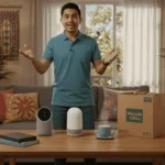 Un hombre presentando una comparativa de Alexa vs Google Assistant Latinoamérica, con los altavoces inteligentes Amazon Echo y Google Nest sobre una mesa de centro.