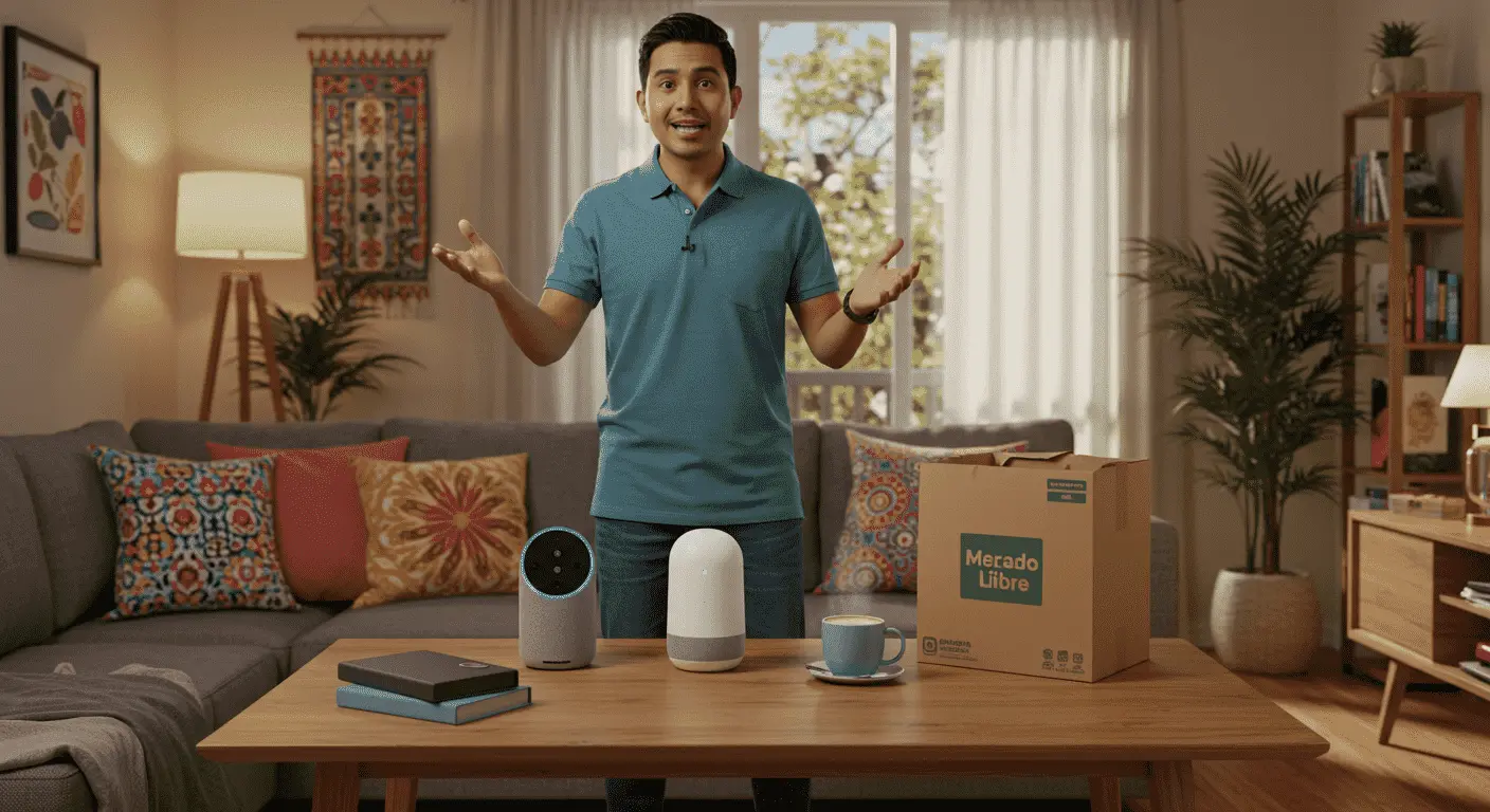 Un hombre presentando una comparativa de Alexa vs Google Assistant Latinoamérica, con los altavoces inteligentes Amazon Echo y Google Nest sobre una mesa de centro.