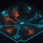 Ilustración de la red de un hogar inteligente que muestra cómo un router Wi-Fi 6 gestiona la conexión a internet, priorizando la velocidad de subida para cámaras y manteniendo una baja latencia para una domótica eficiente y de calidad.