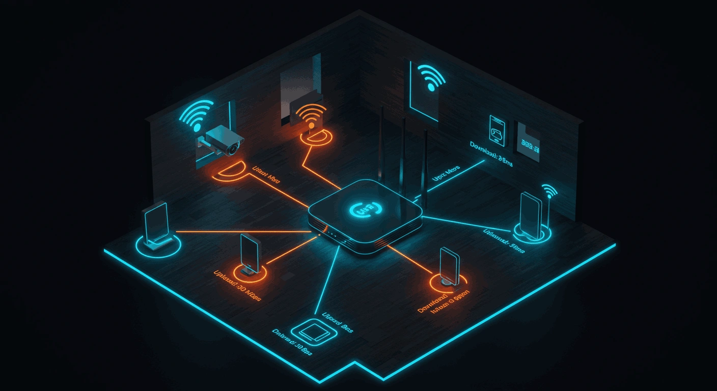 Ilustración de la red de un hogar inteligente que muestra cómo un router Wi-Fi 6 gestiona la conexión a internet, priorizando la velocidad de subida para cámaras y manteniendo una baja latencia para una domótica eficiente y de calidad.