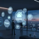 Ilustración futurista de un hombre en su sala de estar con vistas a la ciudad, interactuando con una pantalla virtual que compara las tecnologías de comunicación para el hogar inteligente: Zigbee, Z-Wave, Wi-Fi y el estándar de interoperabilidad Matter.