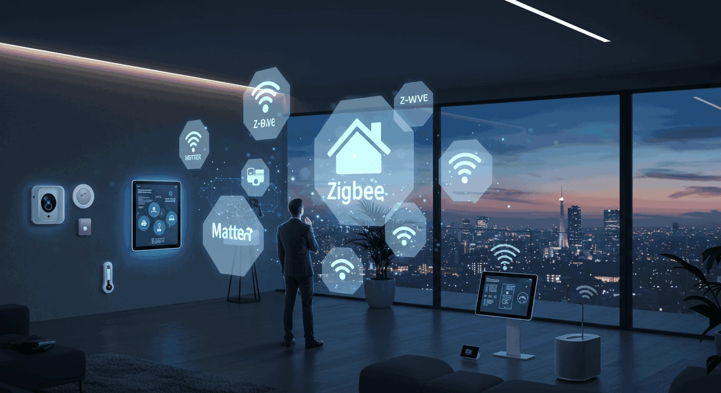 Ilustración futurista de un hombre en su sala de estar con vistas a la ciudad, interactuando con una pantalla virtual que compara las tecnologías de comunicación para el hogar inteligente: Zigbee, Z-Wave, Wi-Fi y el estándar de interoperabilidad Matter.