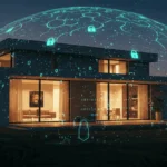 Una casa moderna rodeada por un escudo de seguridad digital para representar el concepto de un hogar inteligente y seguro.