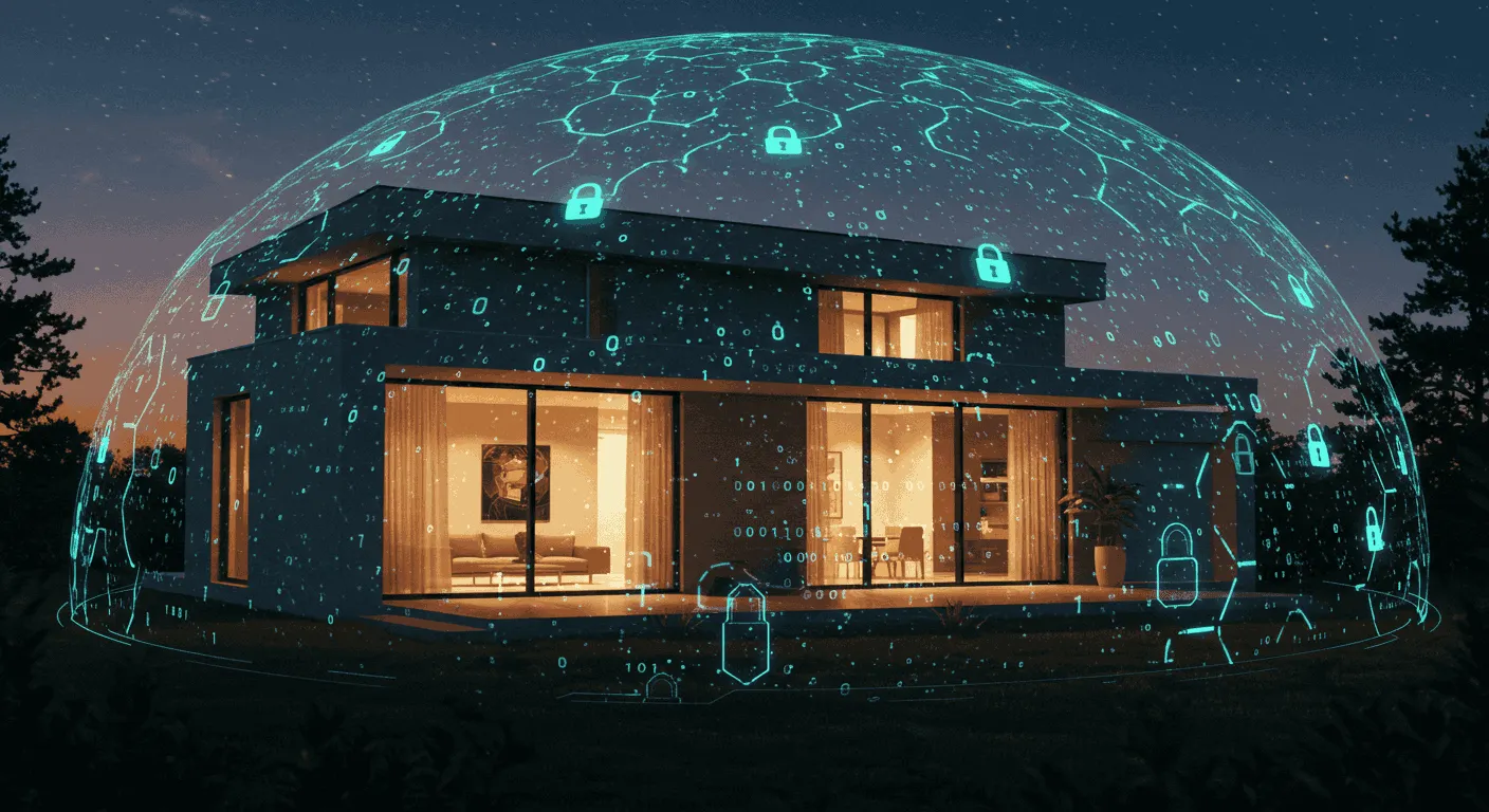 Una casa moderna rodeada por un escudo de seguridad digital para representar el concepto de un hogar inteligente y seguro.