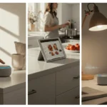 Collage con tres usos del parlante que se analizan en la Reseña Echo Dot 5 y Opiniones: control por gestos táctiles, asistente en la cocina y parlante para una oficina en casa.